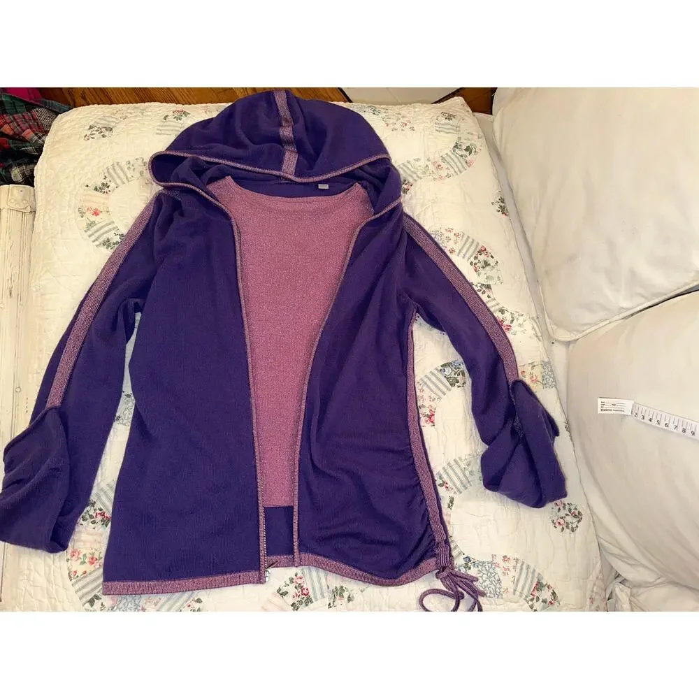 VINTAGE DESIGNER PURPLE CASHMERE SWEATER SET HOODIE + LAVENDER TANK S GLITTER